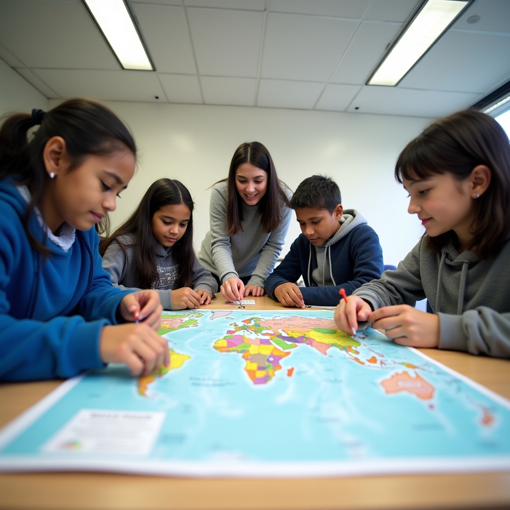 Students mapping supply chains on a large world map
