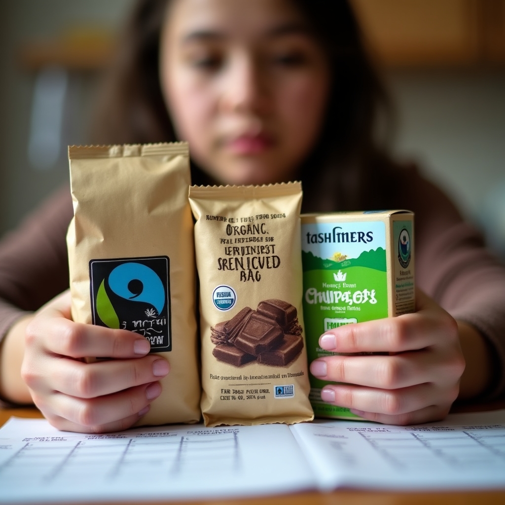 Close-up of fair trade and certification labels being studied