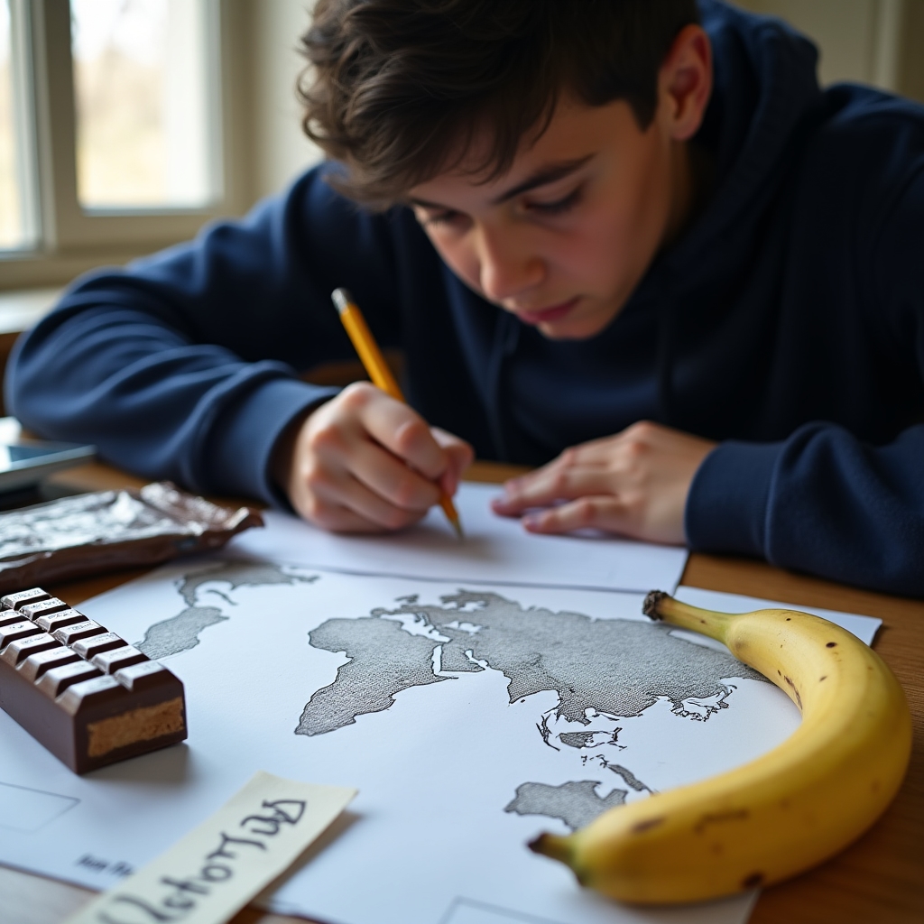 Students examining product labels and tracing origins on a map