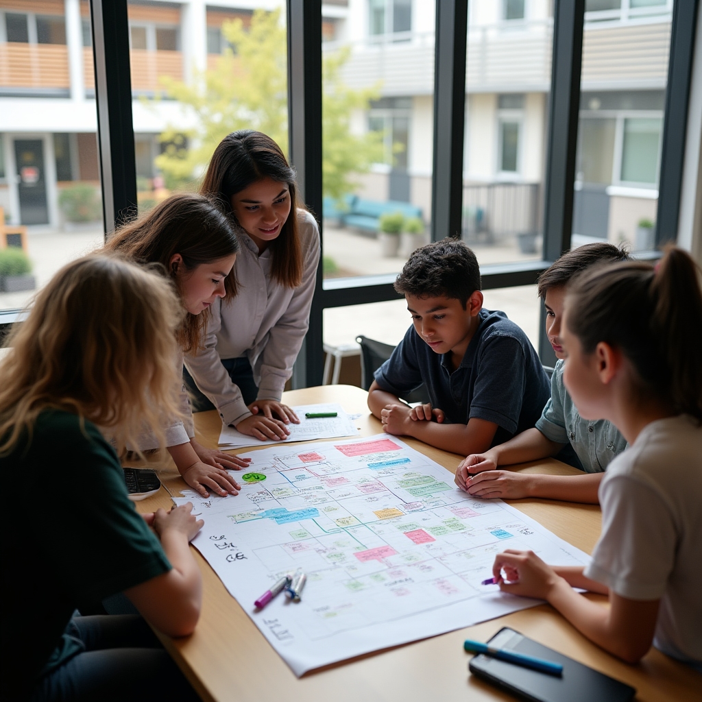 Group of secondary students collaborating on an ethical consumption project
